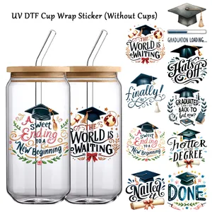 Detailed UV DTF cup wrap stickers featuring graduation caps and motivational quotes