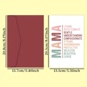 Detail view showing dimensions of Mother's Day greeting card with a dark red envelope