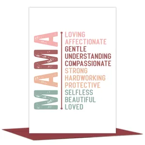 Detail of Mother's Day card with MAMA text, adjectives and a premium red envelope