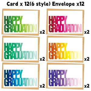 Detailed set of 12 graduation cards in 6 designs with kraft envelopes and colorful font