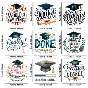 Detail view of 9 graduation themed UV transfer stickers for glass cups with 7cm size guide