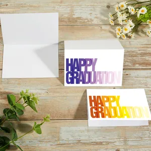 Set of 12 colorful gradient graduation greeting cards with 6 unique designs on wood background