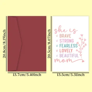 Size display of Mother's Day card and red envelope with brave strong lovely mom text
