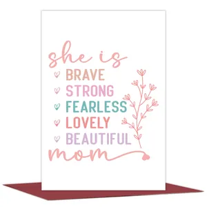 Detail of floral Mother's Day card with deep red envelope for birthday gift set