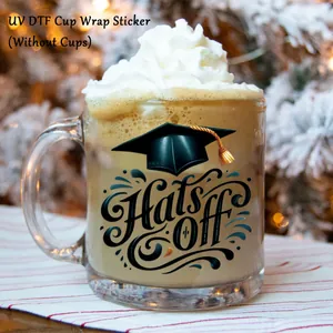 Detail of UV DTF graduation cup wrap sticker with Hats Off design on glass cup