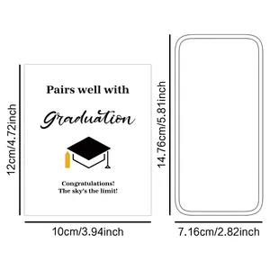 Size chart for graduation bottle label stickers featuring a black cap and golden tassel