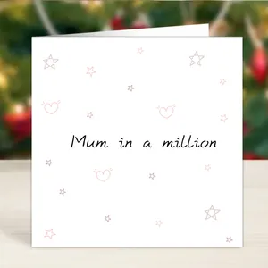 Vierkante Moederdag kaart Mum in a million met roze sterren op houten oppervlak