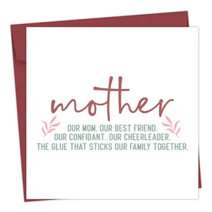 Detailed view of square Mother's Day greeting card with elegant burgundy envelope