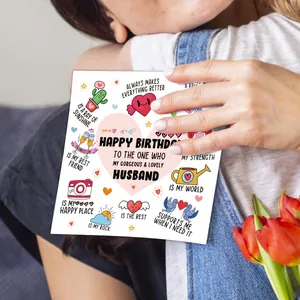 Divertente biglietto d'auguri per marito con icone disegnate a mano e cuore rosa