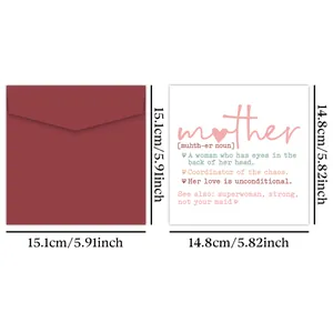 Detail view of Mother's Day card with red envelope and precise dimensions in inches