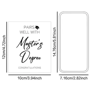 Detailed technical diagram showing 12x10cm card and 14.76x7.16cm graduation bottle label dimensions
