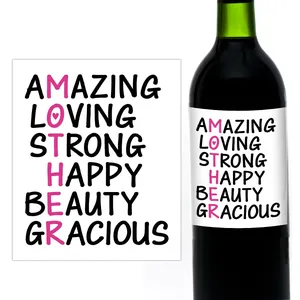 Detalle de pegatinas de botellas de vino para el día de la madre con diseño de crucigrama