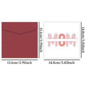 Dimensions of square Mother's Day card with MOM lettering and matching red envelope