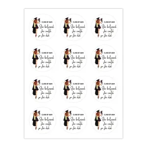 Class of 2025 graduation stickers with black and gold circular motifs and female graduate