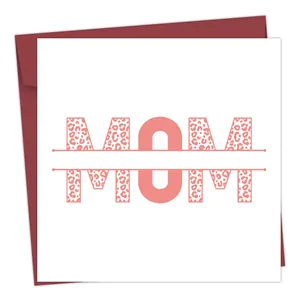 Detail view of Mom greeting card with leopard print text and matching deep red envelope