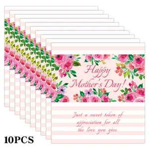 Macro shot of 10 Mother's Day candy wrappers with pink floral borders and striped design