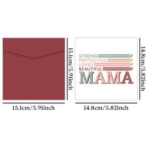 Detail view of MAMA greeting card with dark red envelope and exact size dimensions