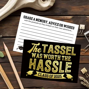 2025 Graduation party invitation cards with gold tassel worth the hassle text on wood desk