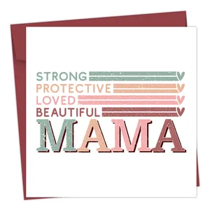 Macro detail of square Mama greeting card with red envelope and vintage Morandi colors