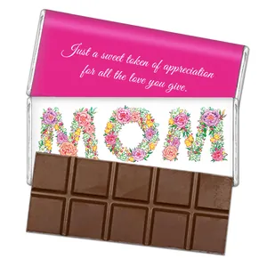 Detailed view of floral Happy Mother's Day chocolate bar wrappers with MOM lettering