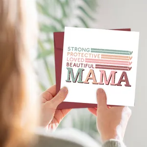 Detail of square Mother's Day card and red envelope featuring retro MAMA art design