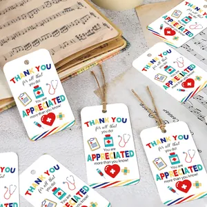 Healthcare thank you tags with medical illustrations and twine on a vintage background