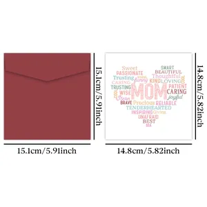 Detail showing colorful heart word cloud greeting card with dimensions and envelope