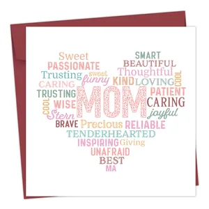 Detail of Mother's Day greeting card with heart typography and red square envelope