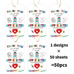 50pcs medical thank you gift tags with jute rope featuring stethoscope and heart icons