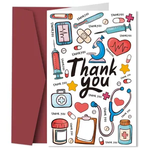 Detail of medical nurse thank you card set with hand-drawn tools and a red envelope