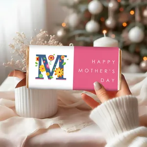 Close-up of floral Happy Mother's Day mini candy bar wrappers and sticker labels