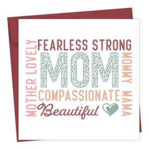 Detail of Mother's Day card with leopard print MOM text and a burgundy envelope