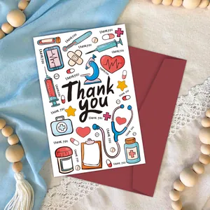 Nurse thank you card with medical icons and a burgundy envelope on decorative background