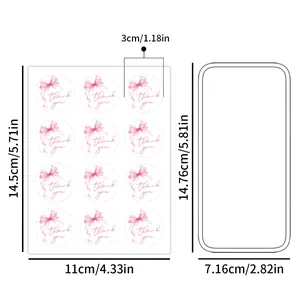 Pink watercolor bow Thank You stickers with dimensions for gift packaging seals