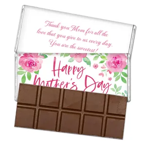 Detail of floral Happy Mother's Day candy bar wrappers with chocolate bar close-up