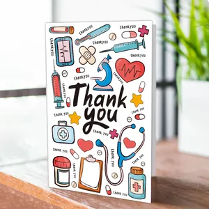 Vertical view of medical nurse thank you card with colorful hand-drawn illustrations and envelope