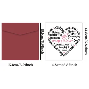 Detailed size view of square Mother's Day card and burgundy envelope set