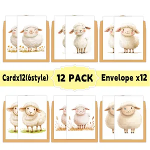 Set di 12 biglietti di compleanno pecora acquerello con 6 stili e buste coordinate