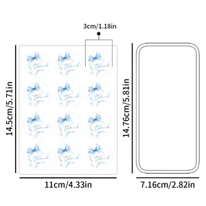 Detailed size specifications for 3cm pink watercolor bow thank you round stickers