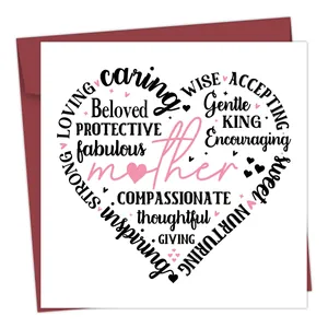 Detail view of Mother's Day card with heart word cloud and a deep red envelope