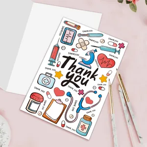 Medical themed thank you card with stethoscope and syringe illustrations and white envelope