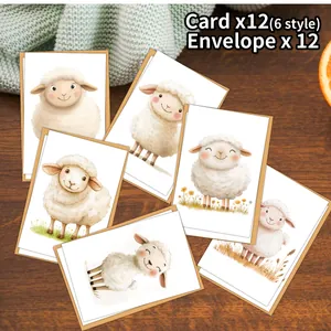 Set di 12 biglietti d'auguri animali acquerello con pecore e buste in carta kraft