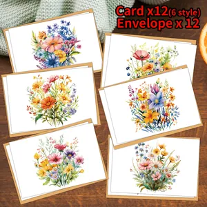 Set de 12 tarjetas de agradecimiento florales en acuarela con sobres de papel kraft pardo