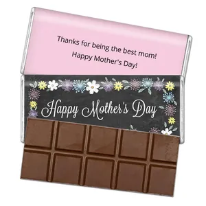 Detail of Mother's Day chocolate bar wrappers with floral patterns and greetings