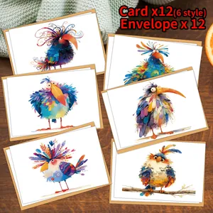 Set of 12 blank bird birthday cards with 6 assorted bird illustrations and envelopes