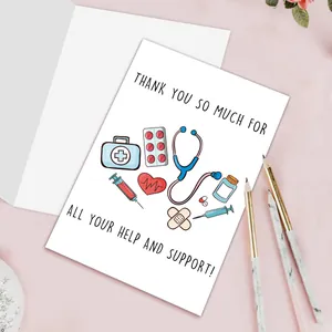 Nurse Appreciation Card with medical illustrations and envelope on pink background