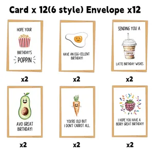Lot de 12 cartes d'anniversaire humoristiques avec 6 designs et enveloppes kraft