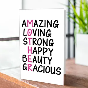 Standing Mother's Day card on wood table featuring artistic mother praise typography