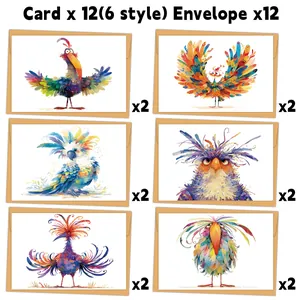Detailed set of 12 bird theme greeting cards with envelopes showing six unique artistic styles