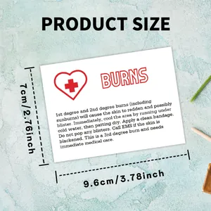 Detailed first aid card for burns showing symptoms and emergency treatment steps
